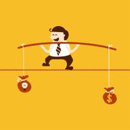 Business man balancing on the rope with idea and money