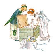 Two Regency style women looking at clothes in a trunk