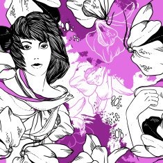 abstract vector seamless pattern with girl flowers and splashes