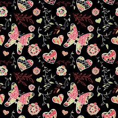 Floral seamless pattern with flowers hearts and butterfly