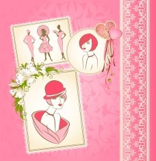 Vintage fashion girls in hat on tapestry background Vector