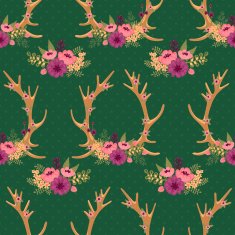 Vintage seamless pattern with deer antlers and flowers