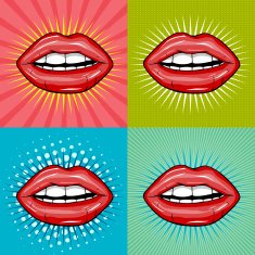 Sexy wet red lips with teeth pop art set backgrounds N2