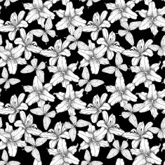 black and white seamless background with lilies butterflies
