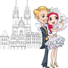 Cute bride and groom make selfie in Prague