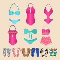 Summer colorful set of flip-flops and swimsuits isolated