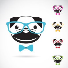 Vector images of pug dog wearing glasses