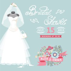 Bridal Shower card Vintage wedding dress with floral elements