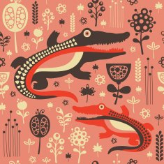 Colorful seamless pattern with funny crocodiles and flowers