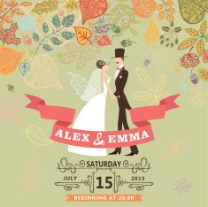 Cute wedding invitation with bride groom autumn leaves N2