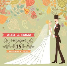 Retro wedding invitation with bride groom autumn leaves