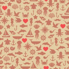 Vintage seamless pattern (tiling) of marine symbols with hearts
