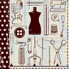 Retro hand drawn sewing related seamless pattern background