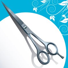 Hairdresser's scissors on a white and blue background