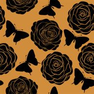 seamless pattern with roses and silhouettes of butterflies