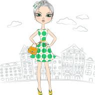 Vector beautiful fashion girl top model in the city N2