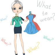 Vector seriousl fashion girl top model trying on dresses N2