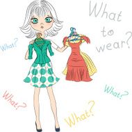 Vector surprised fashion girl trying on dresses N2