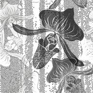 Monochrome seamless pattern with orchids Hand-drawn floral background