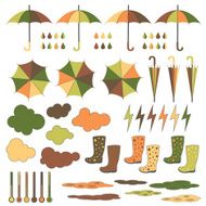 Rubber boots umbrellas rain Vector set