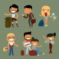 hitchhiking character set hiking cartoon travelers