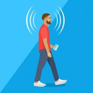 Modern man walks with a smartphone Connection N2