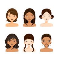 Young women faces with various hairstyles and skin set