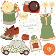 Background with jewellery perfume dress shoes retro car camera flowers
