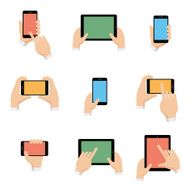 Vector icons set of smartphone and tablet in hands flat