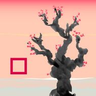 Greeting card template Japanese style Blossoming tree Vectorized ink drawing N3