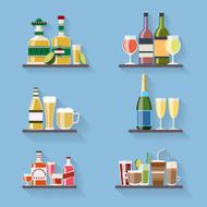 Booze or drinks flat icons on tray at bar