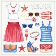Fashion watercolor woman&#039;ÂÂs outfit with skirt tops bags and shoes