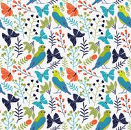 Stylish seamless pattern made of birds and leaves