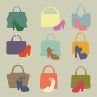 Colored silhouettes of fashion women&#039;s handbag high-heeled shoe
