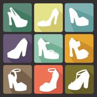 Colored flat icons with white silhouettes of high-heeled shoes