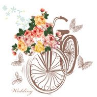 Bicycle with basket fully of rose flowers