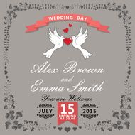 Cute wedding invitation Floral items and cartoon pigeons Vintage