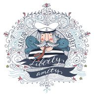 Hand drawn vintage label with a sailor