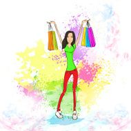 Shopping Woman With Bags Over Colorful Splash Casual