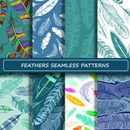Set of blue white abstract ethnic bird feather seamless pattern