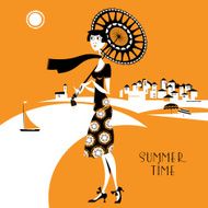 Girl with umbrella at the seaside Art deco Summer time