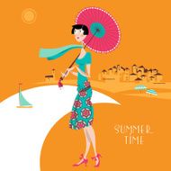 Girl with umbrella at the resort Art deco Summer time