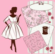 Vintage sewing elements with woman&#039;s silhouette