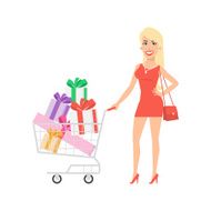 Girl standing with cart and gifts