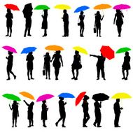 Set silhouettes of men and women with umbrellas