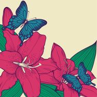 background for card with butterflies lily leaves and buds