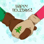 Illustration with holding hands couple in mittens