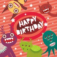 Happy birthday Funny monsters party card pink background with stars