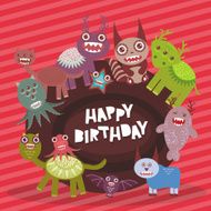 Happy birthday Funny monsters party card on pink striped background
