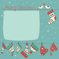 Christmas card with birds socks and hats turquoise background